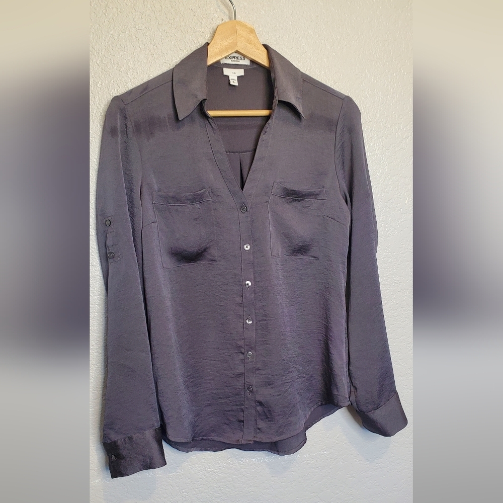 Express The Portofino Shirt Slim Fit Gun Metal Gray Crepe Button-Up Blouse Small - Picture 3 of 5